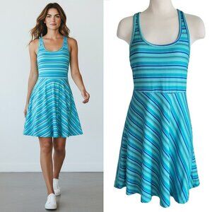 Tehama Striped Fit & Flare Athletic Dress Shelf Bra Turquoise Green Navy Blue S